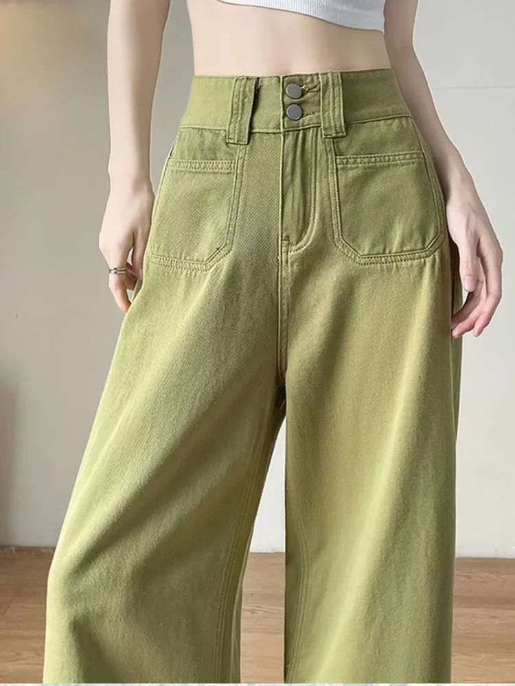 2025 New Green Baggy Wide Leg Jeans Women Vintage High Waist Straight Denim Pants Korean Casual Streetwear Thin Loose