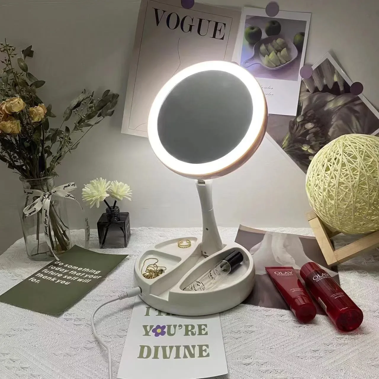 Foldable Vanity Mirror With LED Light Battery/USB Powered Double Sided Mirror Makeup Light Table Lamp For Bedroom Decor Lighting