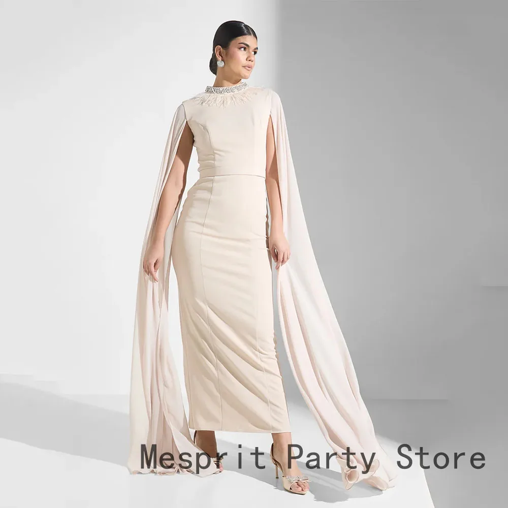 Suknia wieczorowa syrenka z dekoltem typu O, zdobiona koralikami, z rękawami typu peleryna, formalna sukienka na przyjęcie, długość do kostek, suknia w stylu saudyjskim.