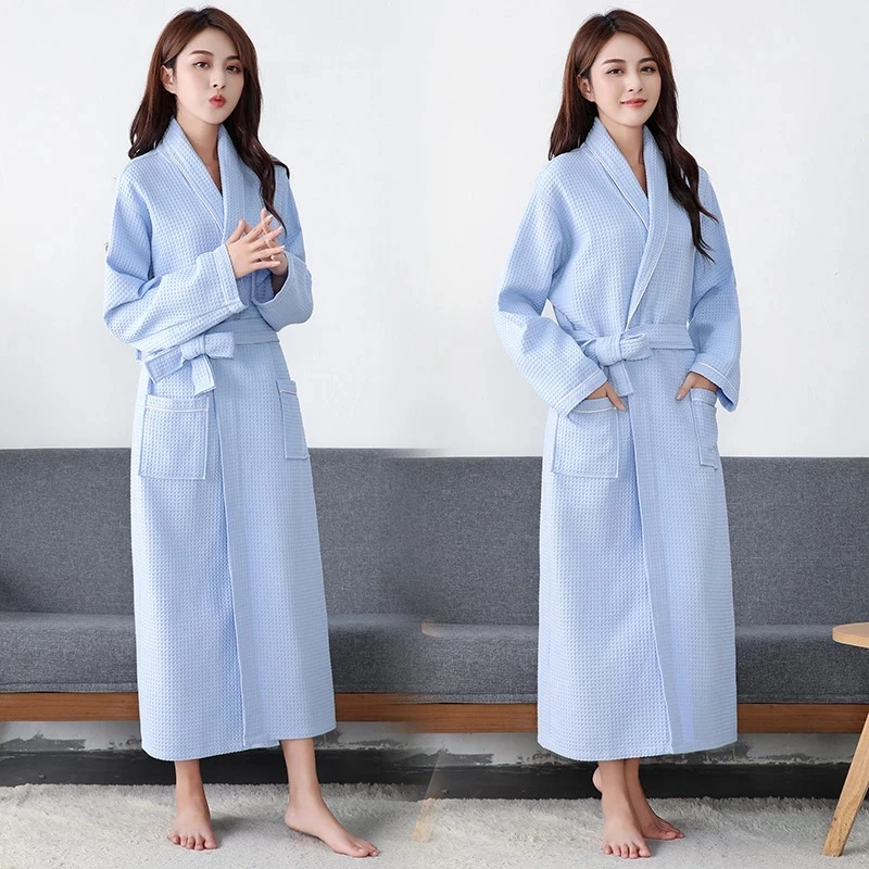 เสื้อคลุมอาบน้ําผู้หญิง 100% วาฟเฟิลผ้าฝ้ายยาวพิเศษ Robe Solid Robe หญิงยาวสบายๆชุดนอนชุดนอนสําหรับสตรี Robe ฤดูใบไม้ผลิ