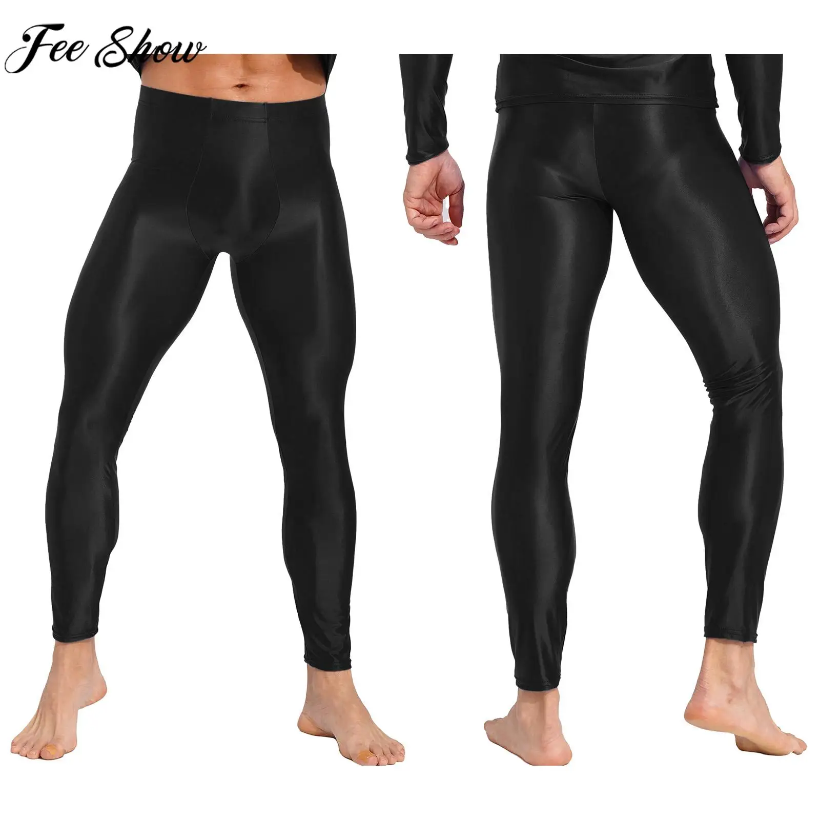 Men Glossy Leggings Semi See-through Skinny Pants Solid Color Trouser for Yoga Exercise Running Fitness Sports Workout Swimming