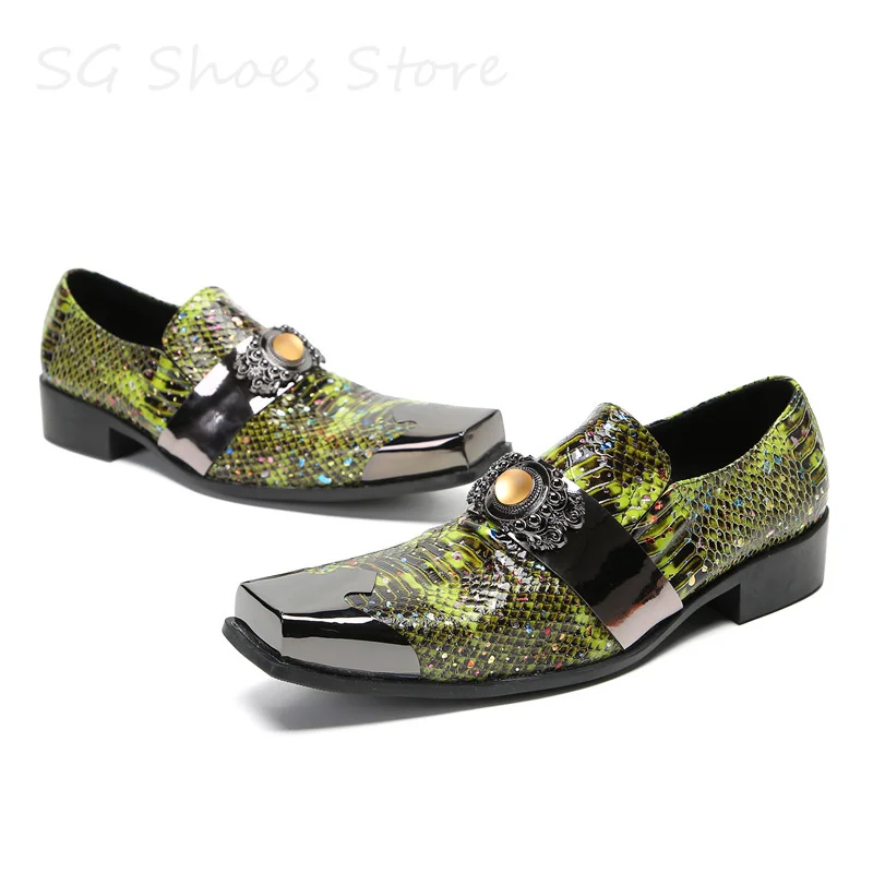 

Metal Square Toe Chunky Heel Slip-On Casual Loafers for Men Fashion Crystal Decor Derby Shoes Male Party Dress Shallow Oxfords