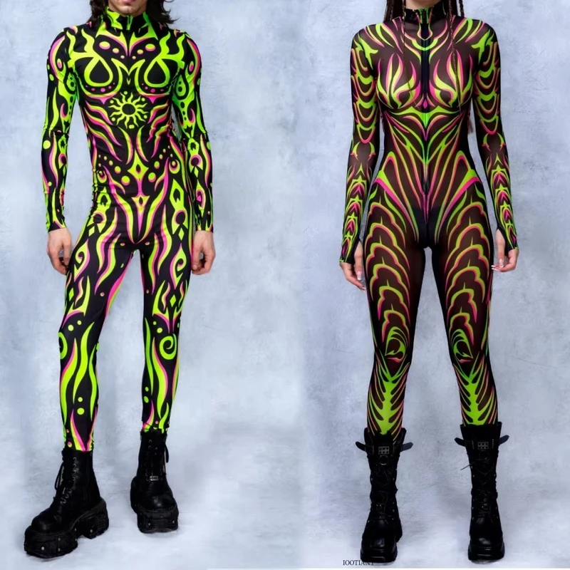 

Couple 3D Digital Printing Sexy Graffiti Punk Jumpsuit Halloween Festival Party Stage Performance Cosplay Costume Stretch Tights