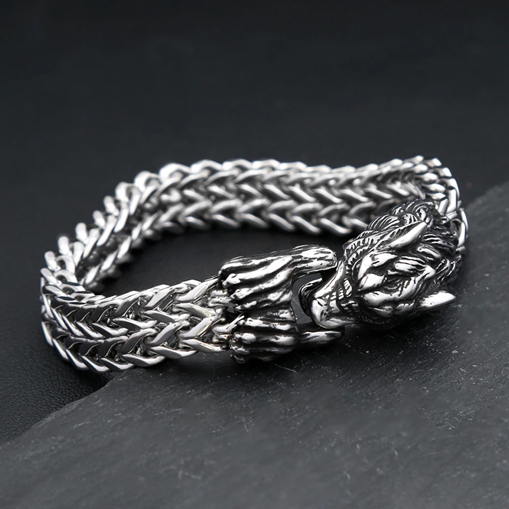 Vintage 316L Stainless Steel Wolf Head Bracelets For Men Domineering Fashion Animal Mesh Chain Bracelet Party Jewelry Wholesale