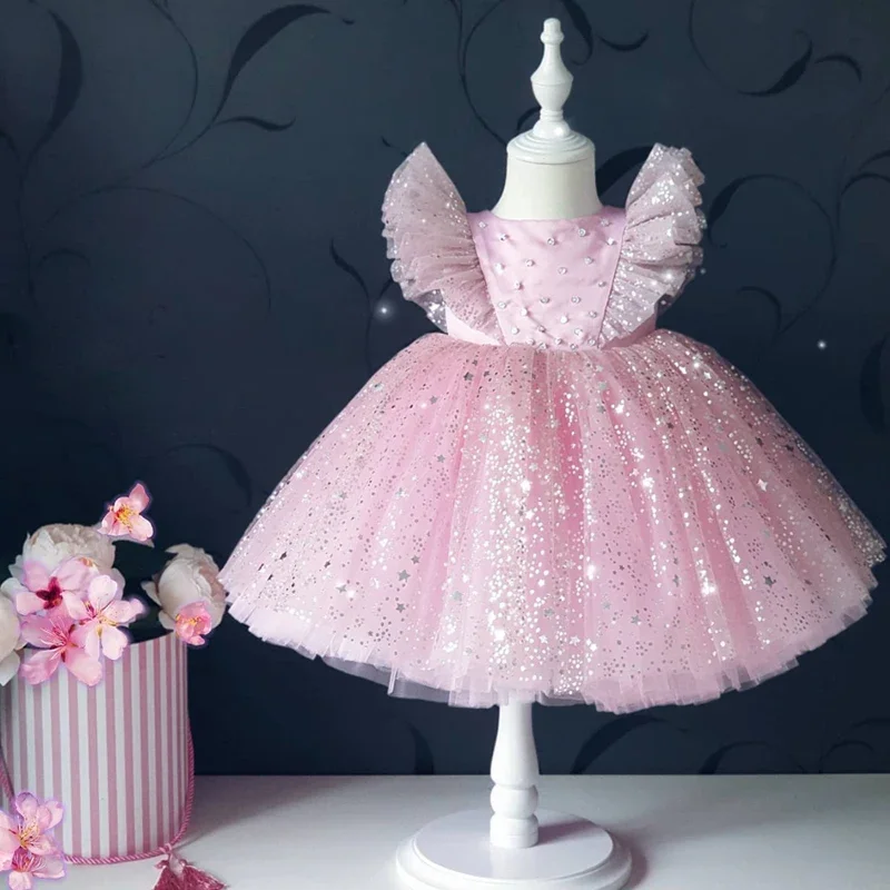 Flower Girl Dresses for Weddings First Christmas & Parties Ruffled Tulle Sequin Kids Ball Gown Formal Pageant Dresses for Little