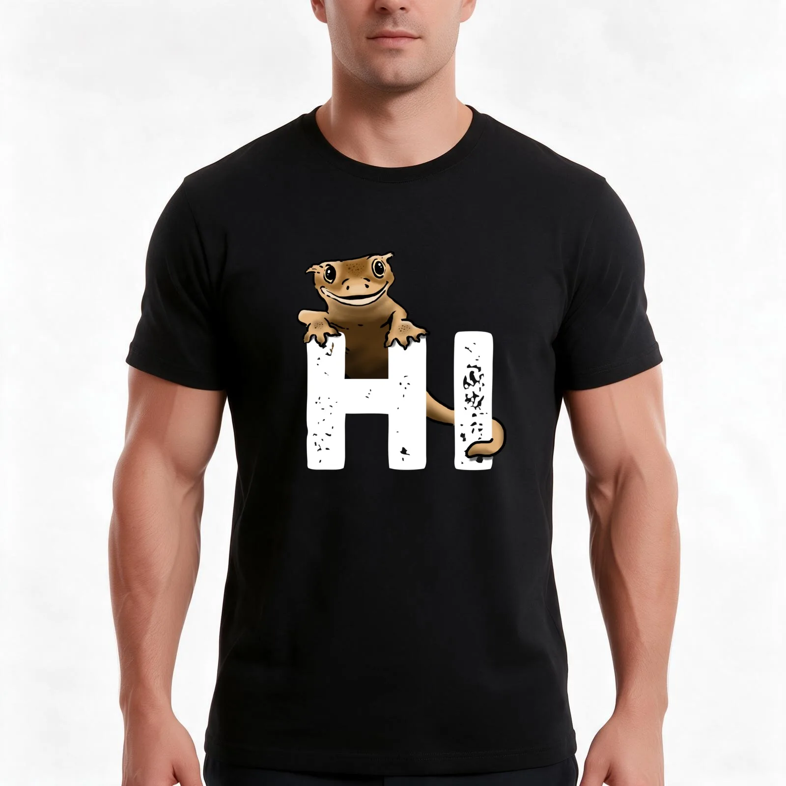 Cute Smiling Crested Gecko, Happy Gecko, Crestie T-Shirt, Summer Casual Cotton Tee, Oversized Streetwear Tops, Unisex Men Women