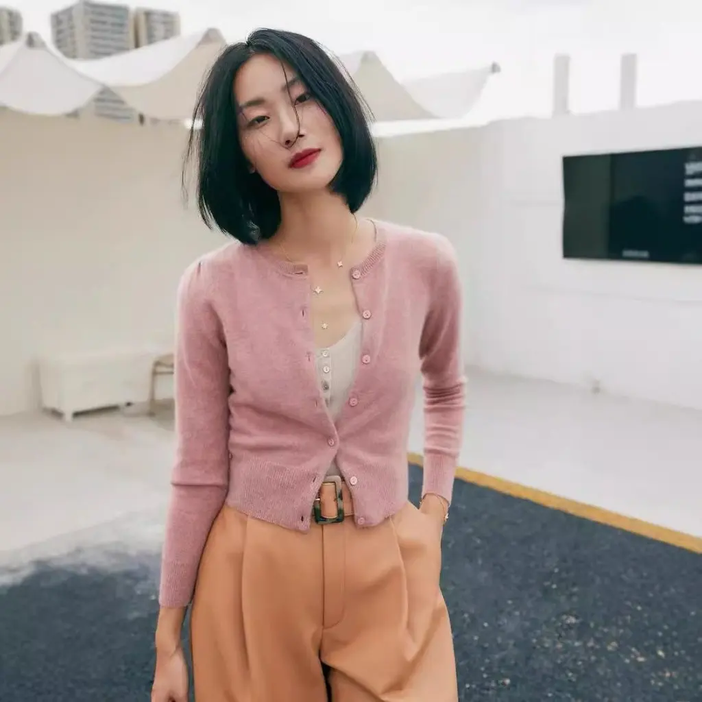 

Women's 100% Pure Wool Knitted Cardigan Spring Autumn Style Slimming Short Cashmere Jacket Fashion Trend