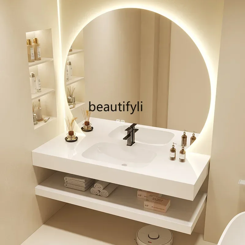 Light Luxury Stone Plate Seamless Connection Ceramic Whole Washbin Bathroom Cabinet Combination Bathroom Table