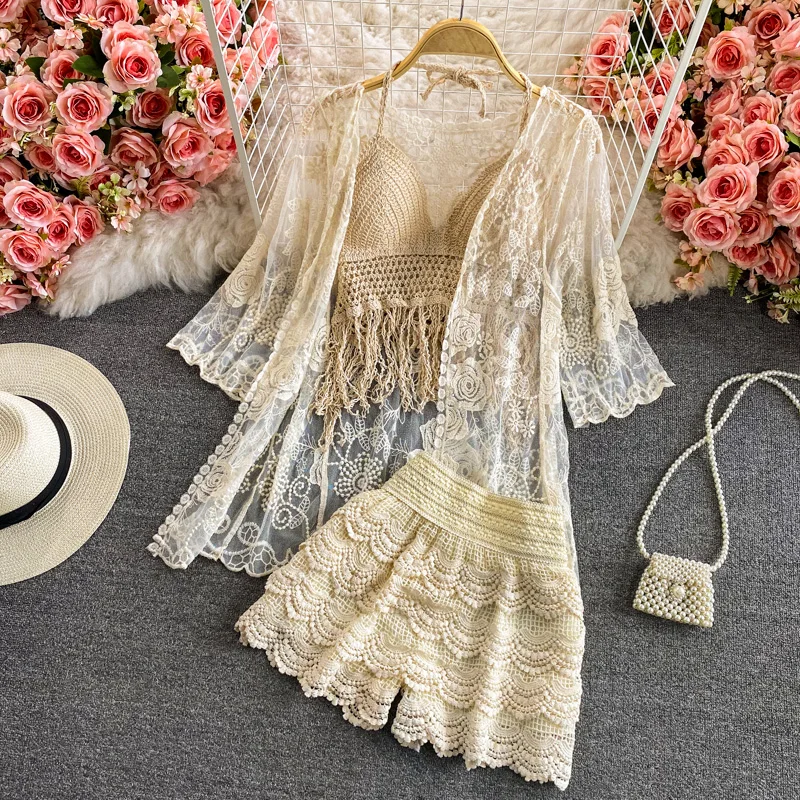

Beach Vaion Lace Hollow out Fringed Tube Top Tank Crop Top High Waist orts Women's Tee Piece Set Summer Faion