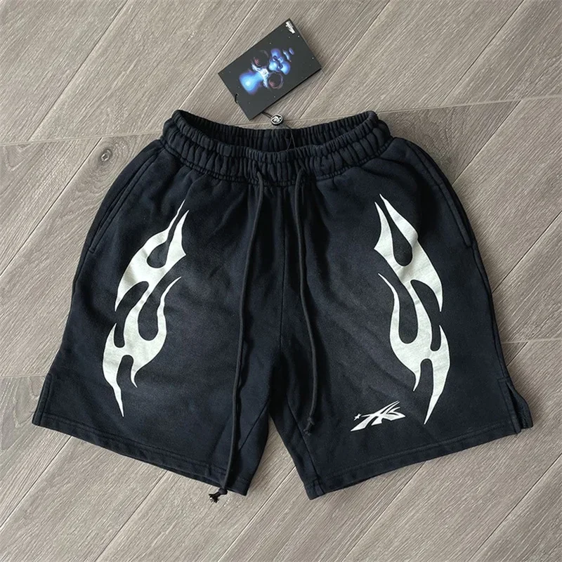 24ss Washed Black Sports Flame Shorts For Men Women Best Quality Oversized Pants Mens Shorts