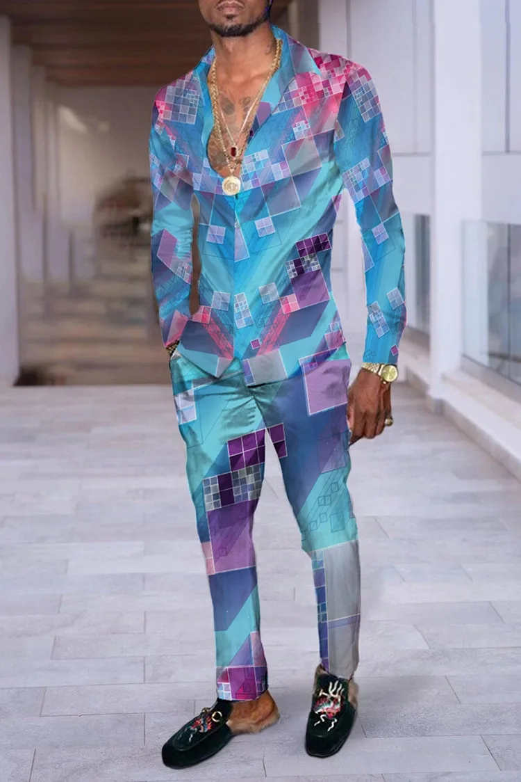 Colorful Block Splicing 3D Print Men Harajuku Clothing Suits Tracksuit Long Sleeve Shirt Long Pants Two Piece Sets Clothing