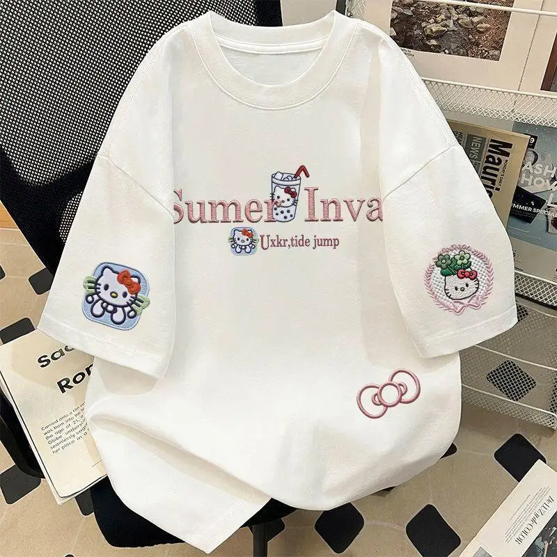 

Новая летняя футболка Sanrio Hello Kitty из плотного хлопка с короткими рукавами для девочек, свободная, удобная, модная, универсальная, в стиле lazy style.