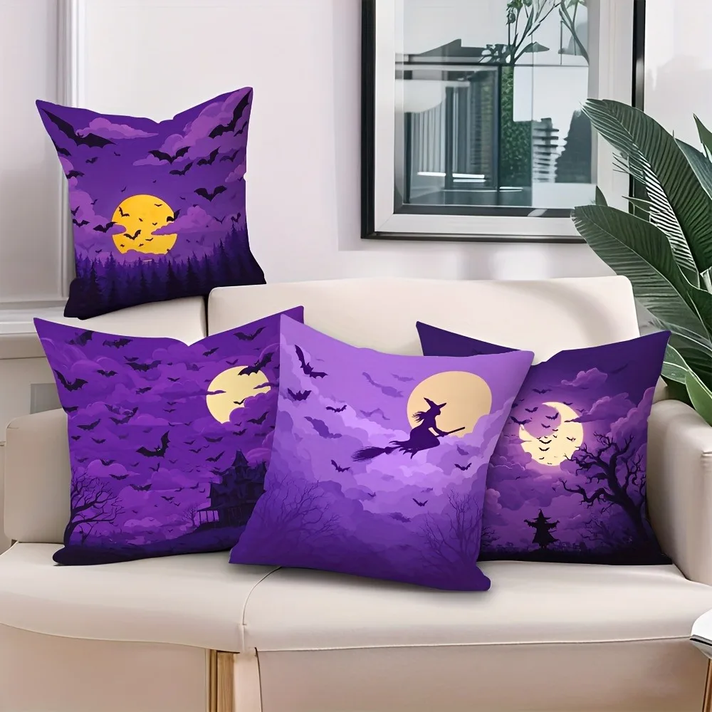 Home Decor Halloween Night: Bats, Moon & Witch Scenes Pattern Cushion Cover Suitable For Sofa Bedroom Car Pillow Cover