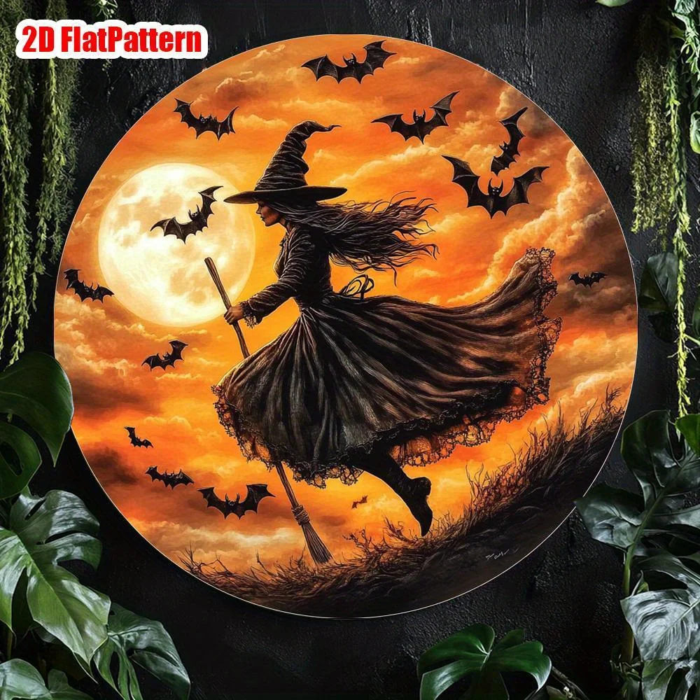 2D Flat, 1pc 2D Flat Printing 20 x 20cm Round Iron Metal Sign, Witch on Broomstick Wall Art, Round Vintage Metal Decor with Full