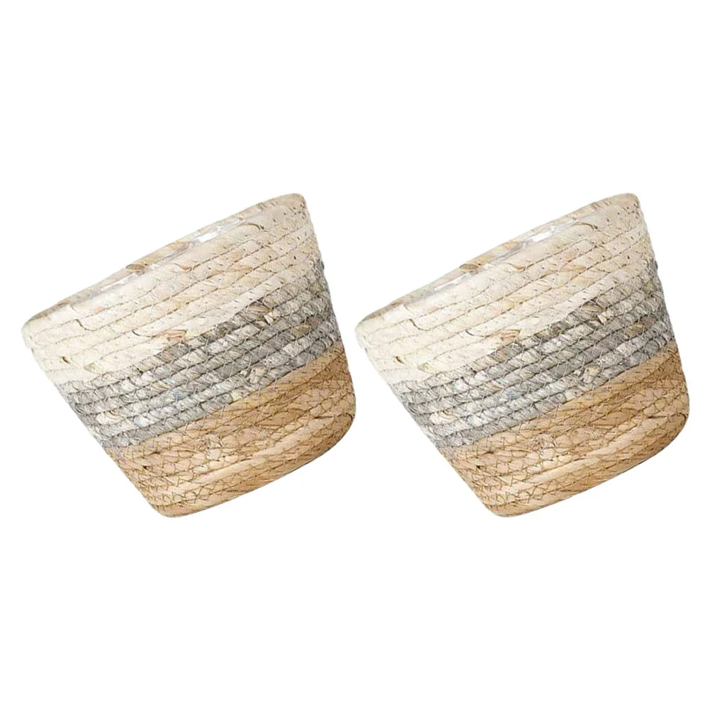 

2 Pcs Flower Basket Indoor Plant Straw Baskets Holder Decorative Grass Desktop Woven Flowerpots