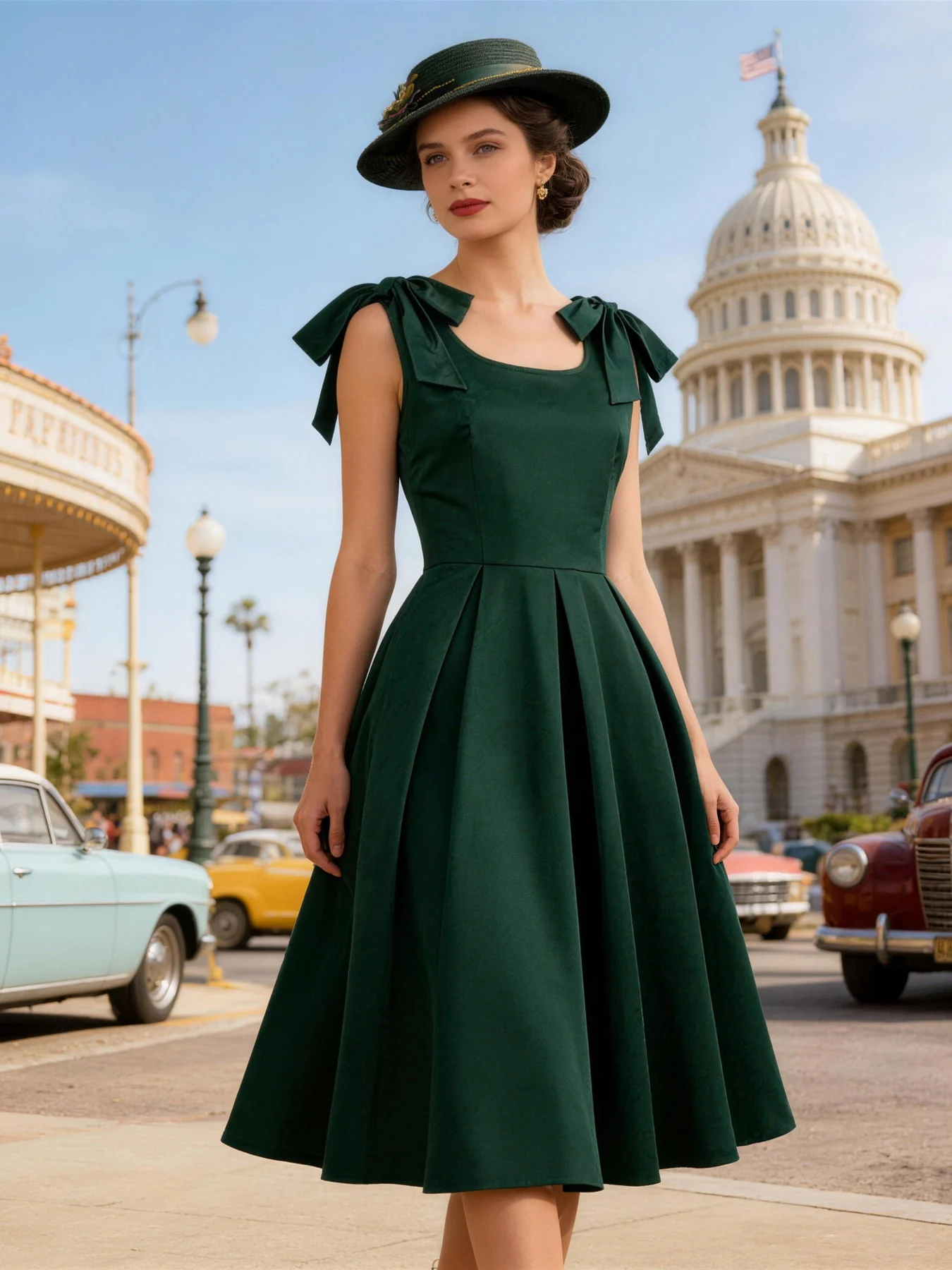 Tonval Vintage O-Ausschnitt Ärmelloses Kleid mit Knotendetail Sommer-Tanktop-Kleider für Damen Rückenfreies Geburtstagskleid Einfarbiges Plissiertes Midikleid