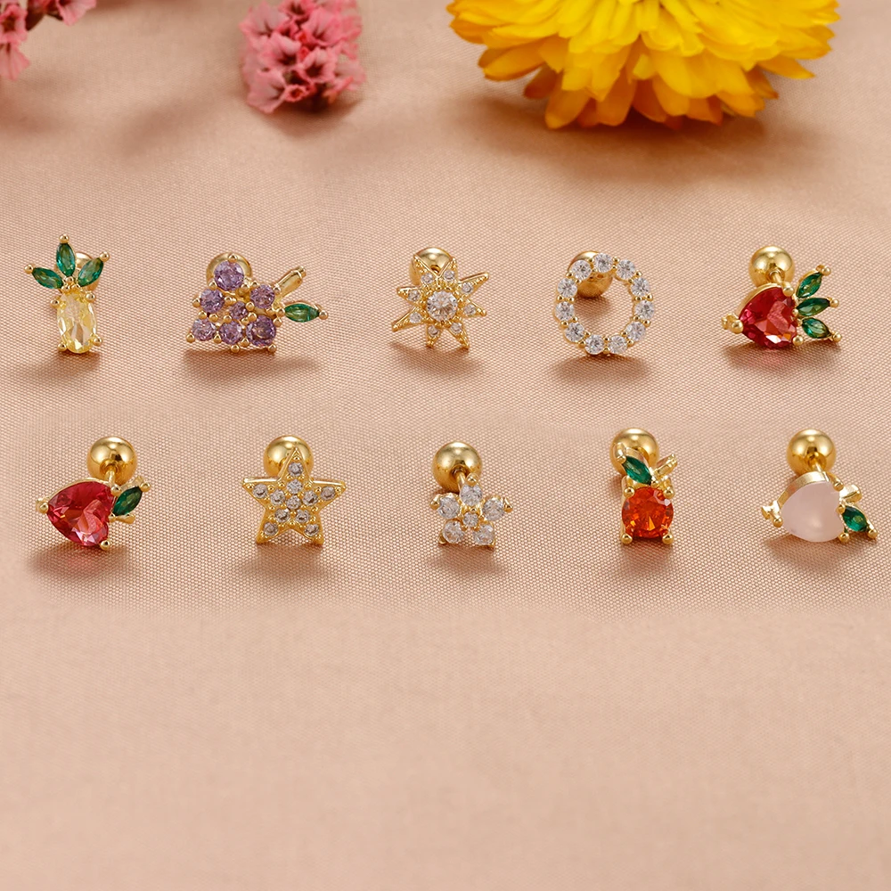 Pendientes con forma de estrella para oreja, bonito Color dorado, piña, uvas, fresa, cristal, circón, pendiente pequeño, joyería para Piercing de cartílago, 1 ud.