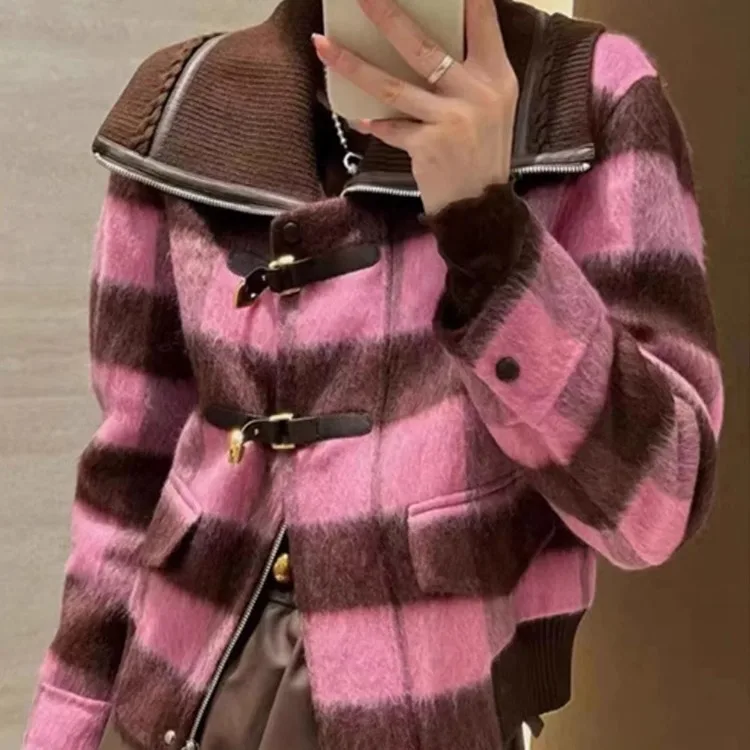 European fashion plaid double-sided cashmere coat, women's knitted big collar, camel fur leather buckle, woolen short coat,