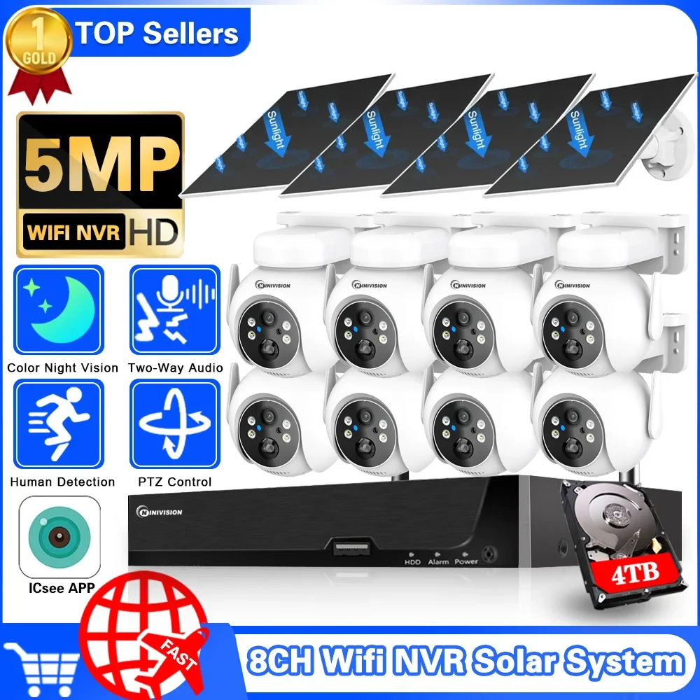 

4MP Solar Camera WiFi CCTV Surveillance Camera Waterproof Night Vision PTZ Two Way Audio PIR Human Detect 5MP 8CH WiFi NVR Kits