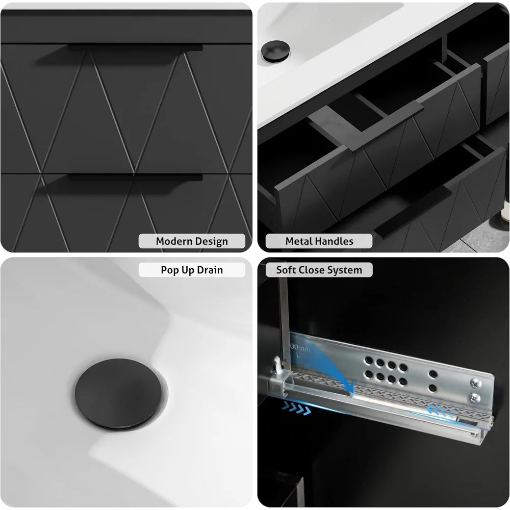 48" Bathroom Vanities Cabinet with Sink Combo, Wall Mounted Floating Cabinet W/Decor Line, Soft-Close System, 4 Extra BigDrawers