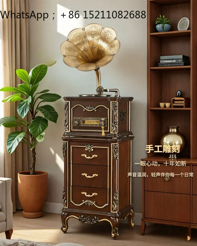 LLY Vintage Gramophone Audio Vinyl Record Player Living Room Solid Wood Ornament Decorative Big Speaker Vintage
