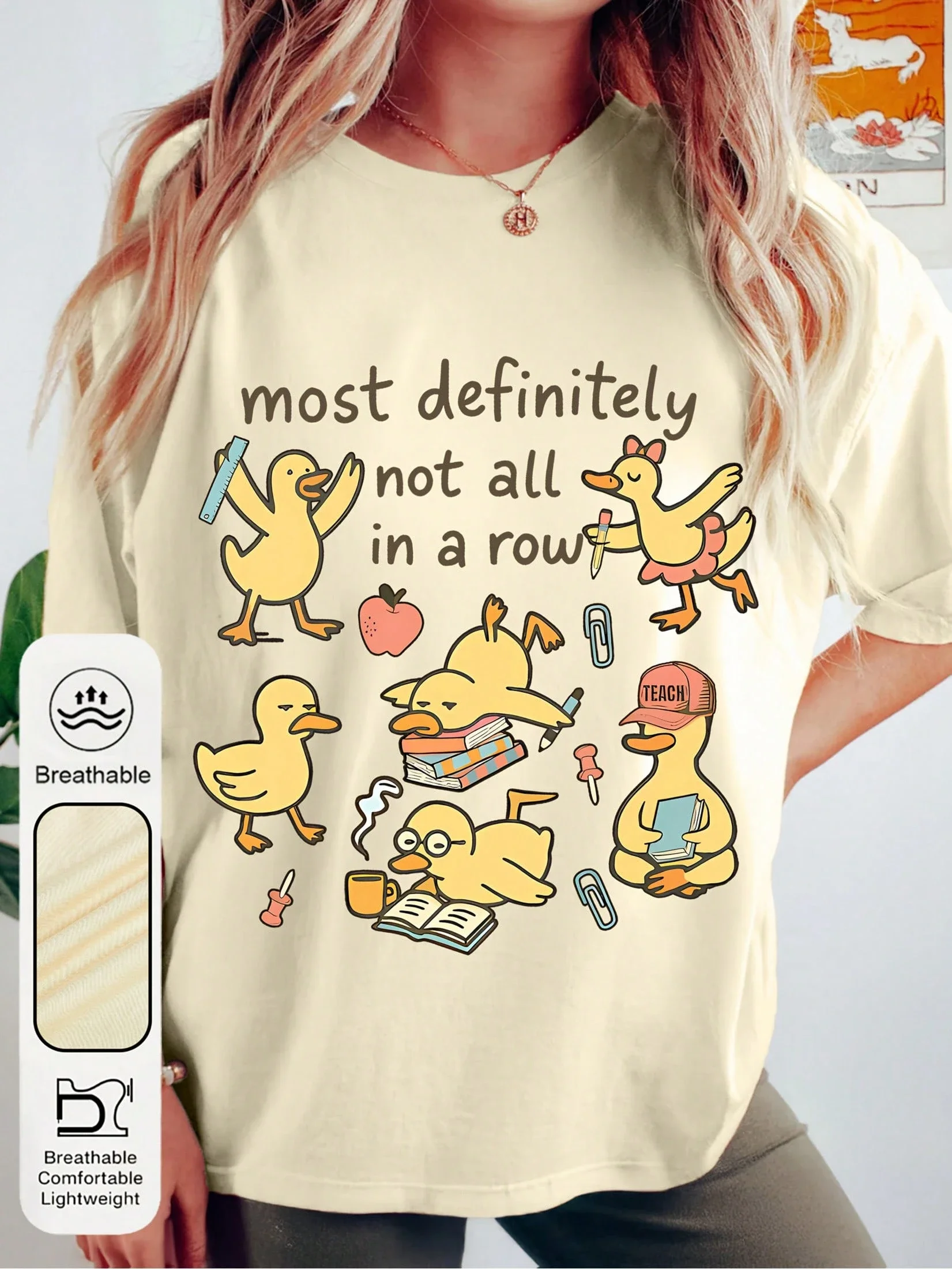 

Футболка оверсайз с коротким рукавом и забавным принтом в виде утки, юмористическая повседневная футболка для женщин, тематика «Жизнь учителя»
