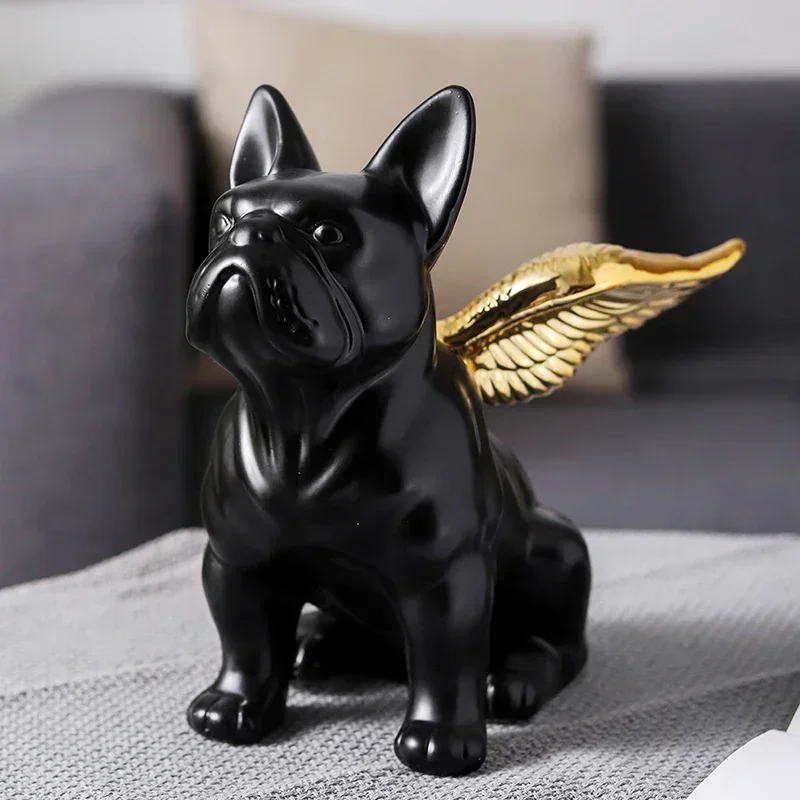 

Nordic angel black bulldog Figurine creative living room decor ceramic animal statue crafts ornaments home Room decoration gift