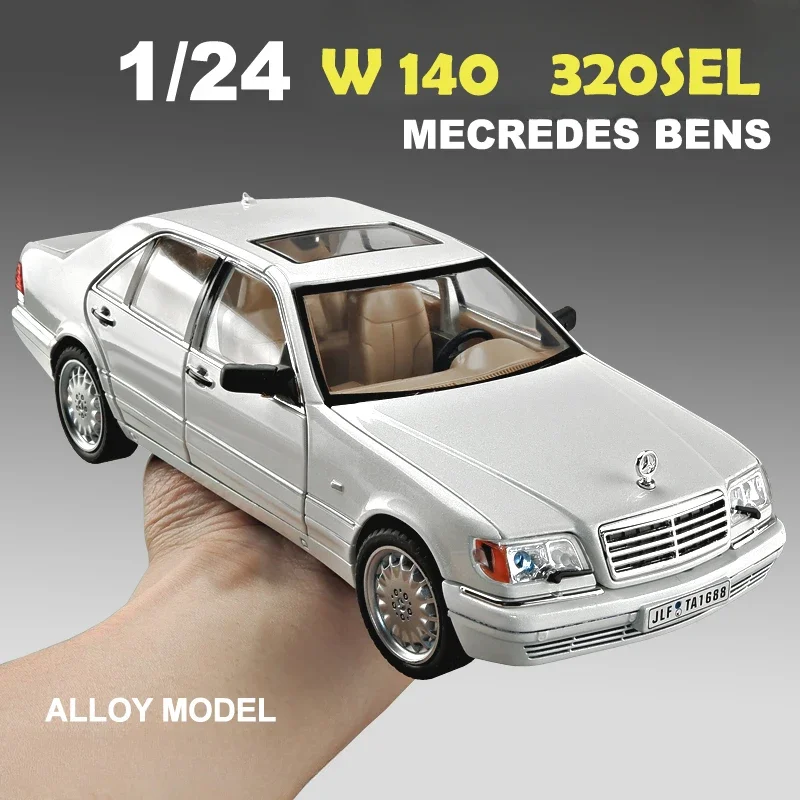 Modelo de coche Vintage Benz W140 320SEL, caja de exhibición de luz LED, colección en miniatura, decoración del hogar, escala 1/24