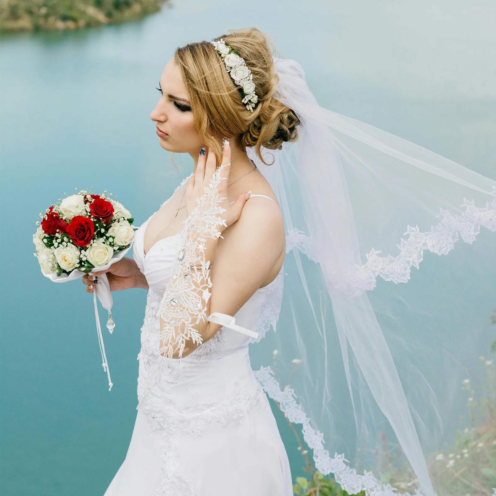 1 paio di guanti lunghi senza dita in pizzo con strass da donna, da sposa, da sposa, eleganti, da cerimonia, guanti in pizzo per donna, guanto da sposa