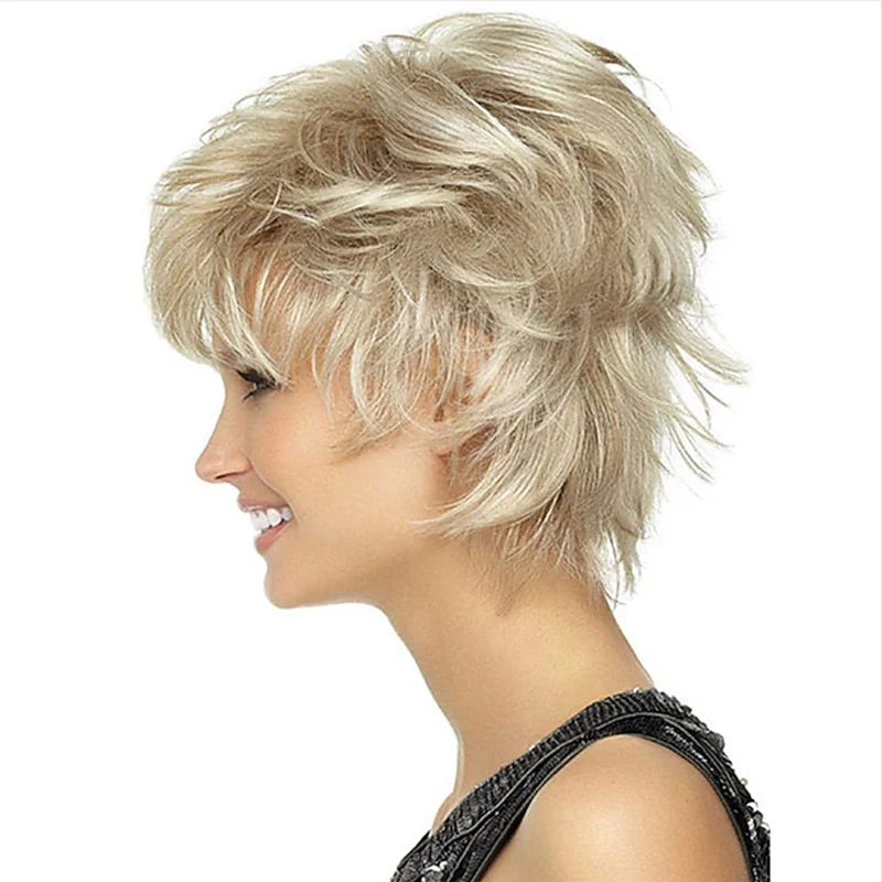 HAIRJOY Short Curly Blonde Wigs  Pixie Cut Wig for Women Synthetic Hair Wig with Bangs