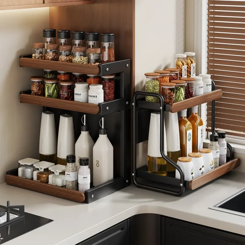 Multi Layer Kitchen Spice Rack Countertop Condiment Organizer Storage Shelf for Oil Salt Sauce Vinegar Bottle Holder Stand