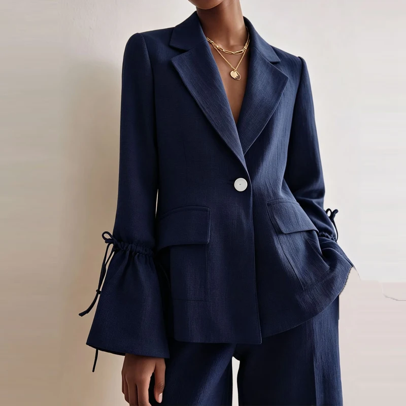 Office Temperament Long Sleeve Loose Suit Casual Pocket Straight Outfit Autumn Lapel Collar Button Coat + Long Pants Women's Set