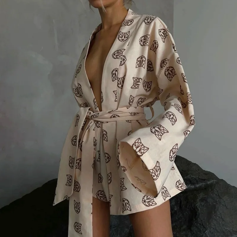 2026 European American New Loose Fit Printed Women's Casual Pajama Set Lace Up Long Sleeves Waisted Shorts Comfortable Lounging