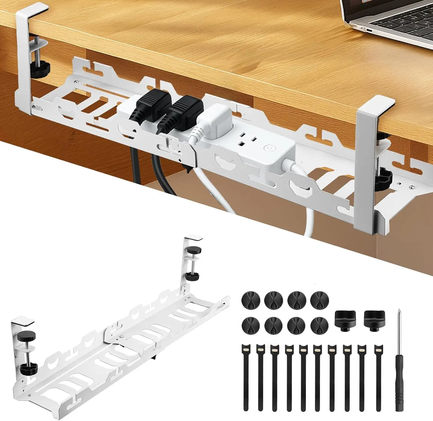 Under Desk Cable Management Tray - No Drill 16-29inch Retractable Underdesk Cable Rack 22PCS, Computer Cord Organizer for Home