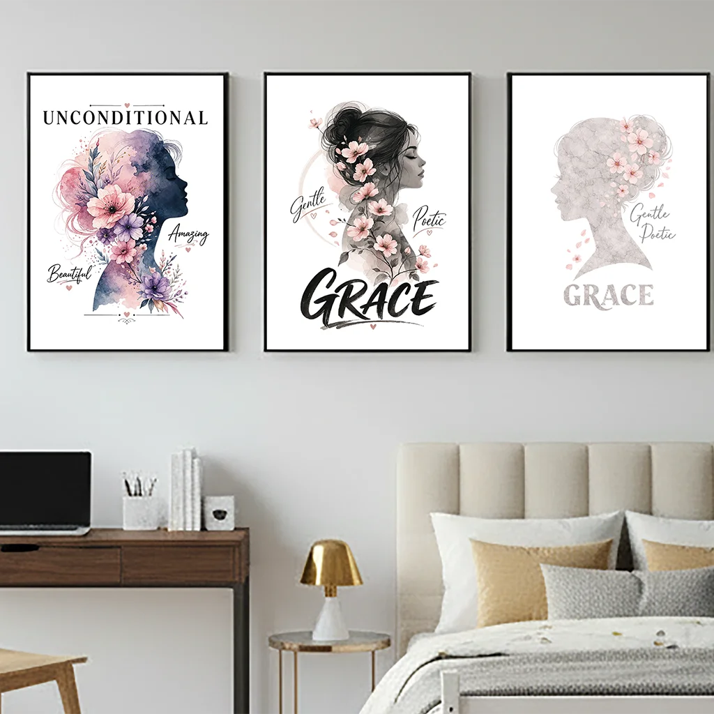 Arte de pared con diseño de flores y plantas, pintura en lienzo con silueta de mujer nórdica, póster impreso para regalo de madre, decoración de pared para dormitorio
