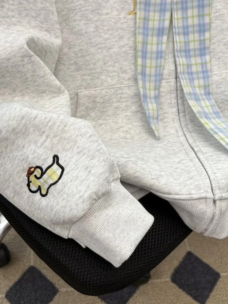 Fall Cartoon Cute Hoodies Women Vintage Long Sleeve Kawaii Preppy Style Sweatshirts Plaid Lace Up Patchwork Female Japan Tops