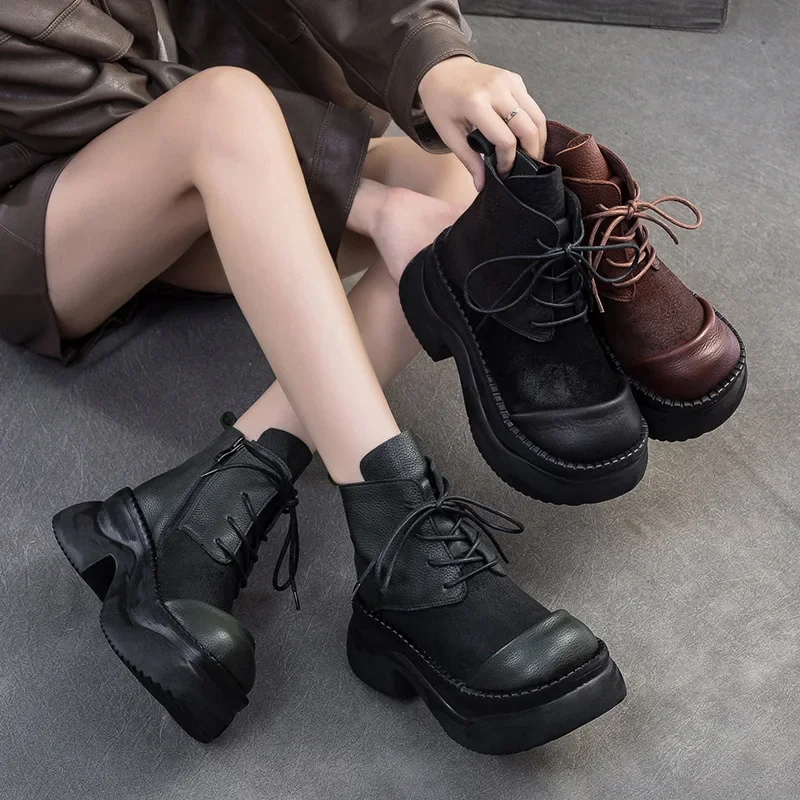 Krasovki 6.5cm Natural Genuine Leather Chimney Ladies Women Ankle Booties Autumn Motorcycle Fashion Spring Boots Moccasins Shoes