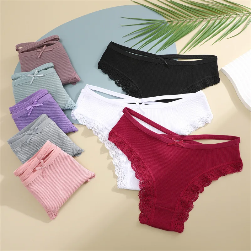 3 PCS / Sets Womens Cotton Underwear With Bow Sexy Lace Edge Bikini Panties Low Rise Soft Stretch Ladies Cotton Cheeky Hipster