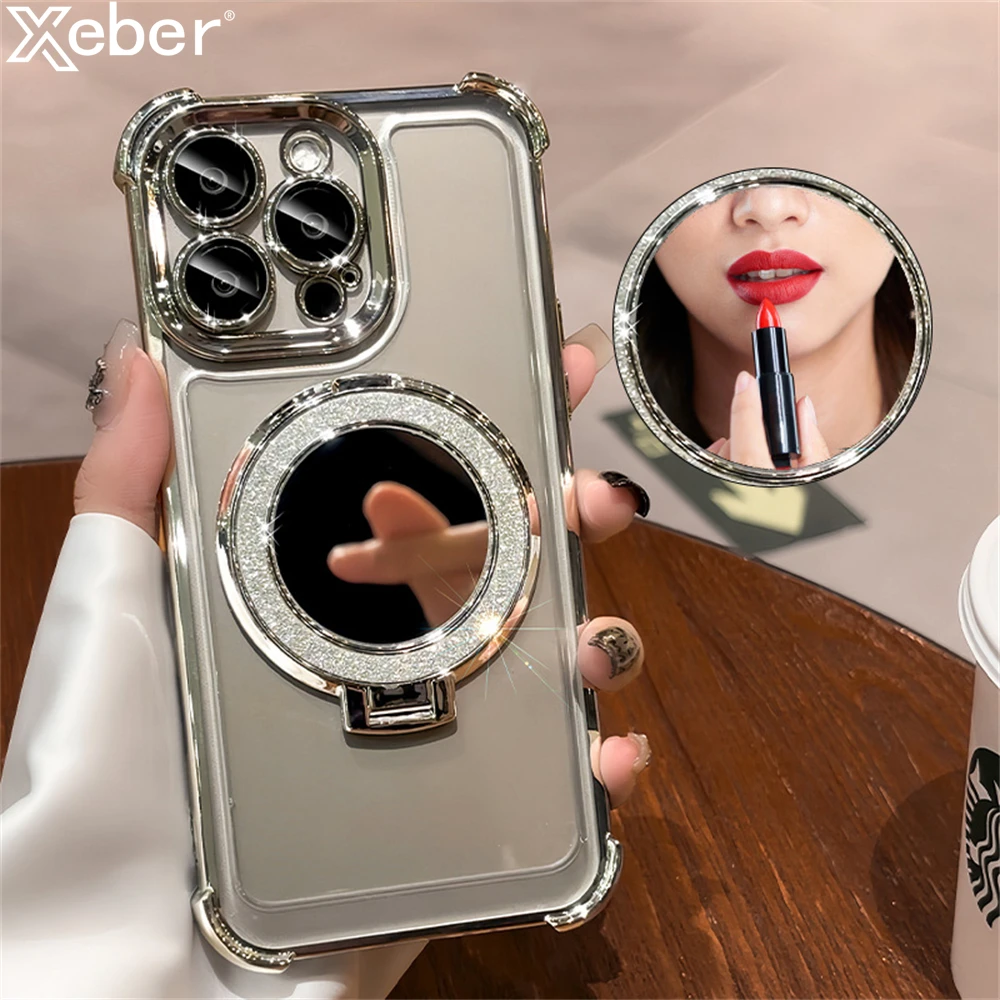 Luxury Glitter Makeup Mirror For Magsafe Magnetic Bracket Case For iPhone 16 15 12 13 11 14 Pro Max Plus XS Plating Holder Cover