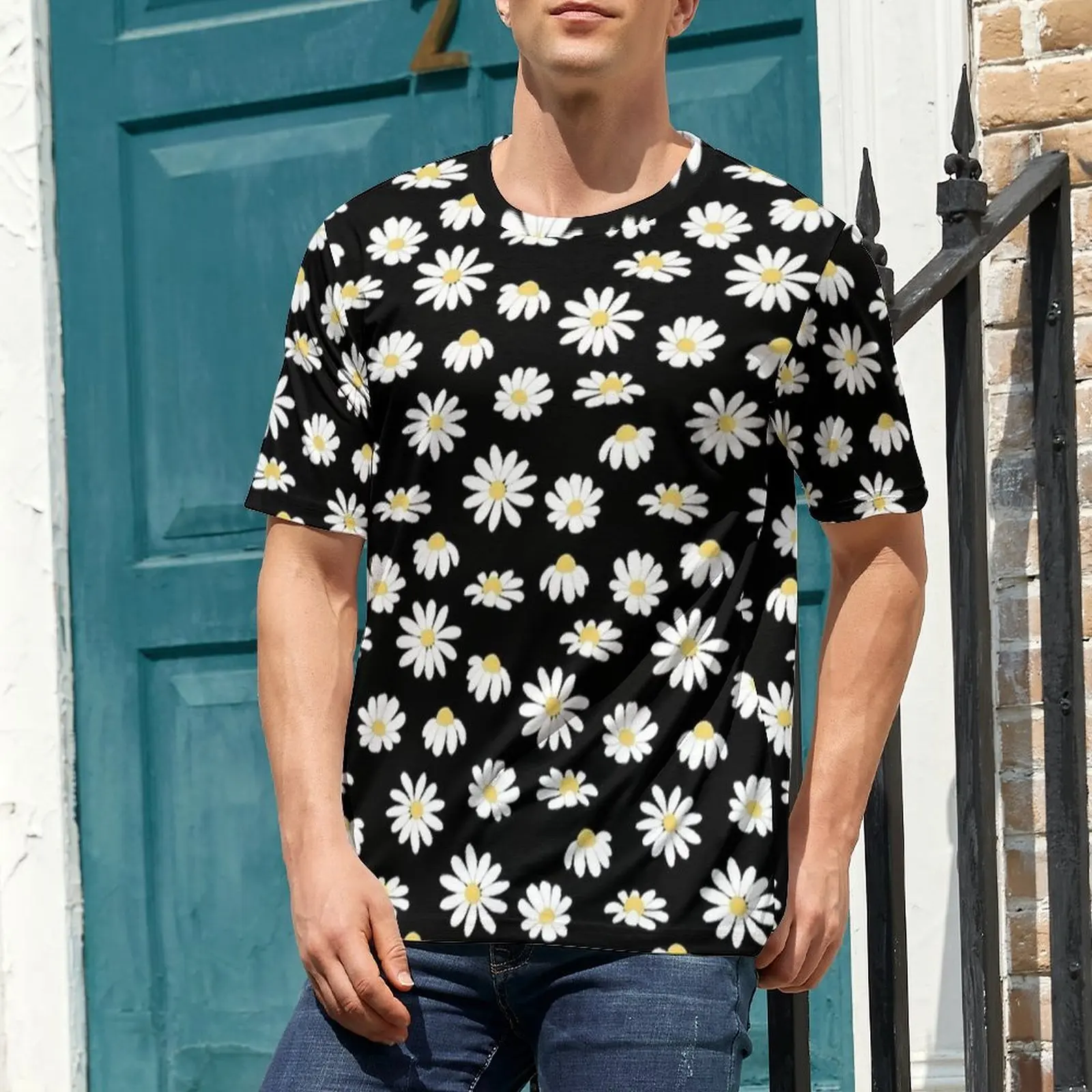 Summer T Shirt Black Daisy Tile Retro Print T Shirts  Casual Fashion Tee Shirt For Men Short Sleeve Design Plus Size Clothes