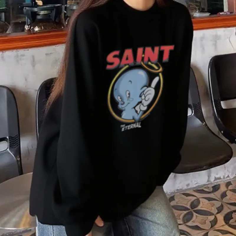 Black Saint Long Sleeve Tshirts Breathable Cotton Blue Cartoon Character Letter Logo Round Neck Tops Men Women Street Outfit