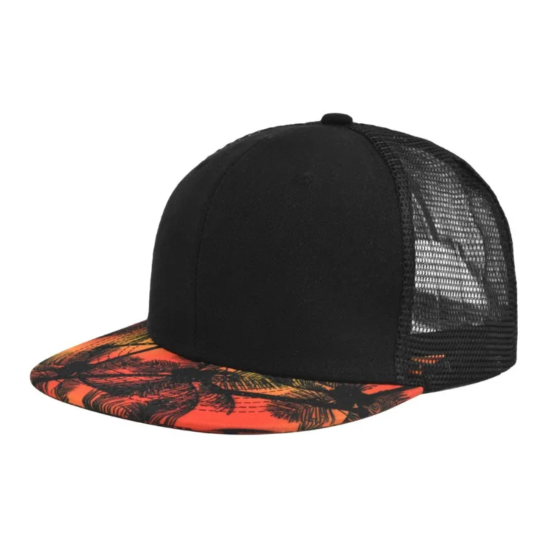 Customized Printed Embroidered Logo Flat Brimmed Baseball Caps Coconut Tree Hip Hop Breathable Sunshade Mesh Truck Driver Hat