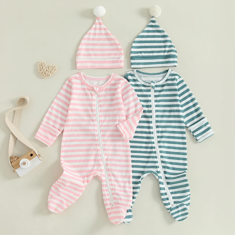 

Baby Boys Girls Autumn Footed Jumpsuit Outfit Long Sleeve Crewneck Oblique Zipper Striped Romper with Hat 2 Piece Bodysuit Set