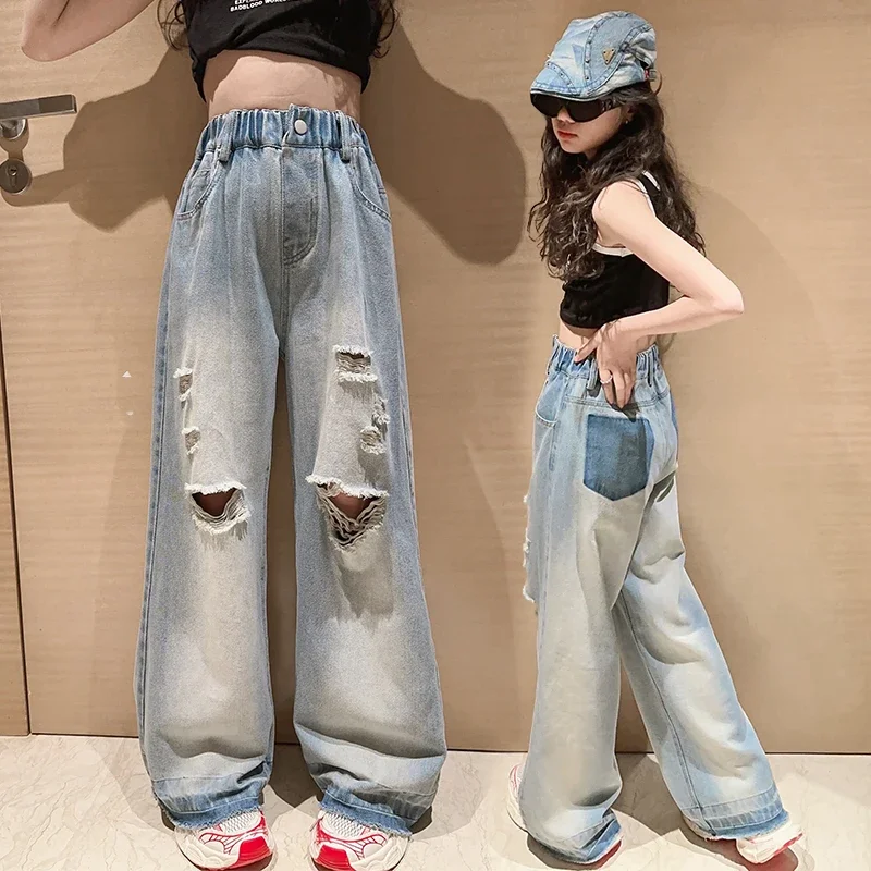 

summer 4 6 8 10 12 14 teenage girls big hole jeans fashion kids thin wide leg denim pants child Gradient color trousers clothes