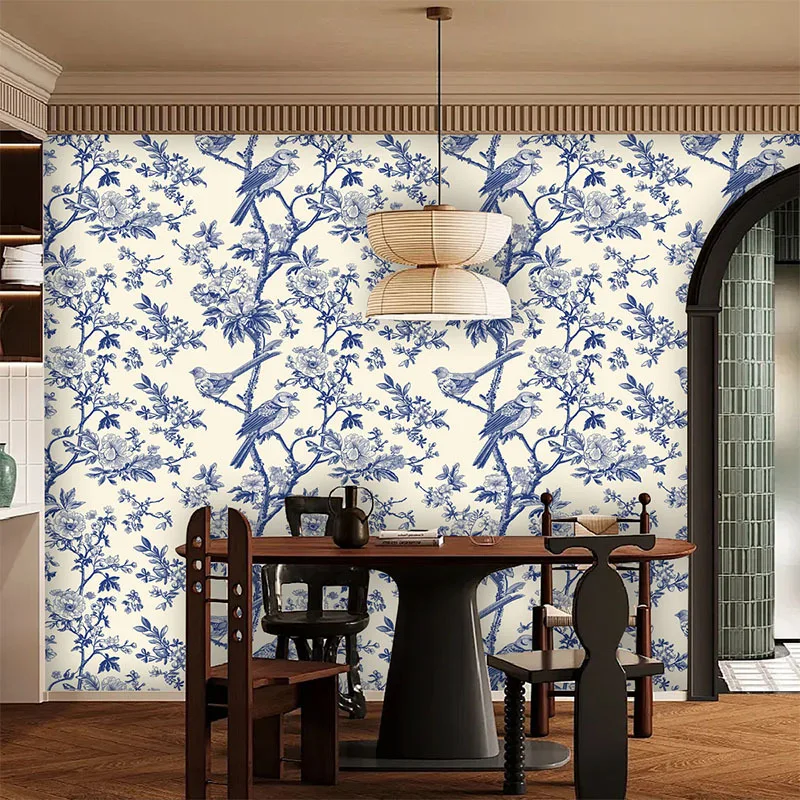

Blue Bird on the Tree Self-Adhesive Wallpaper Vintage PVC Waterproof Floral Birds Wallpapers Peel and Stick Wall Sticker