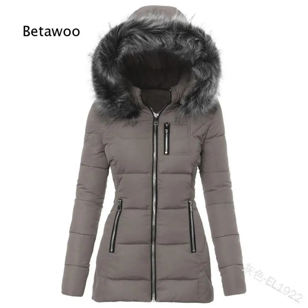 Women Slim Fit Short Padded Coat Attached Hood With Faux Fur Trim Full Zip Front Multi Zipper Pocket Warm Winter Outerwear