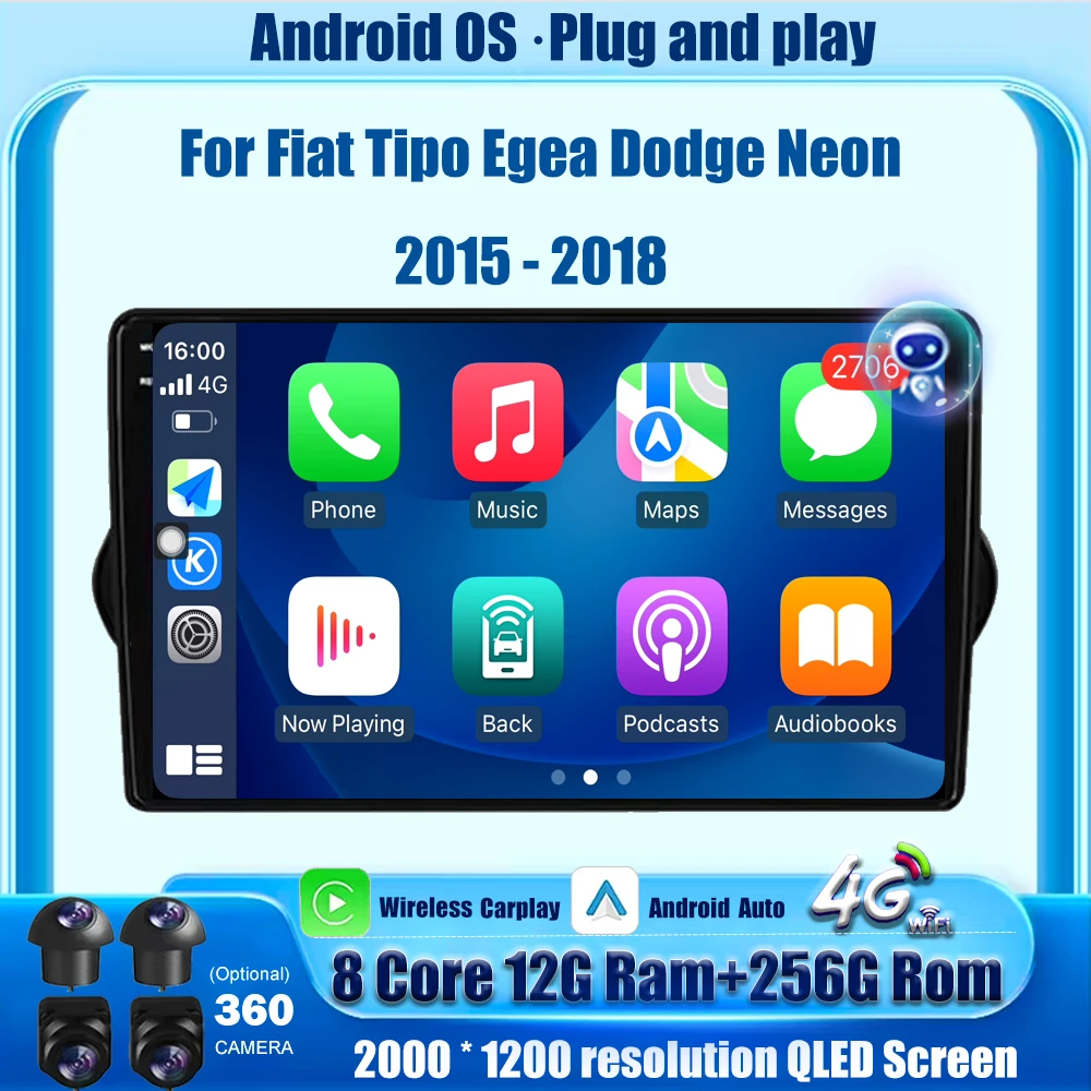 

For Fiat Tipo Egea Dodge Neon 2015-2018 Android Auto Carplay Car Radio Stereo Multimedia Video Player QLED Navigation GPS BT DSP