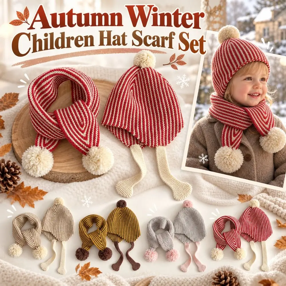 Fashion Autumn Winter Children Hat Scarf Set Knitted Pom-pom Toddler Knit Beanie Ear-protect Warm Baby Earflap Hat Ages 2-6