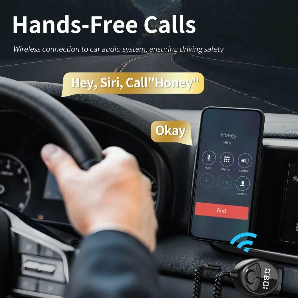 Receptor de áudio do carro FM com microfone, adaptador sem fio, Bluetooth 5.3, USB, 3,5mm AUX, chamada handsfree