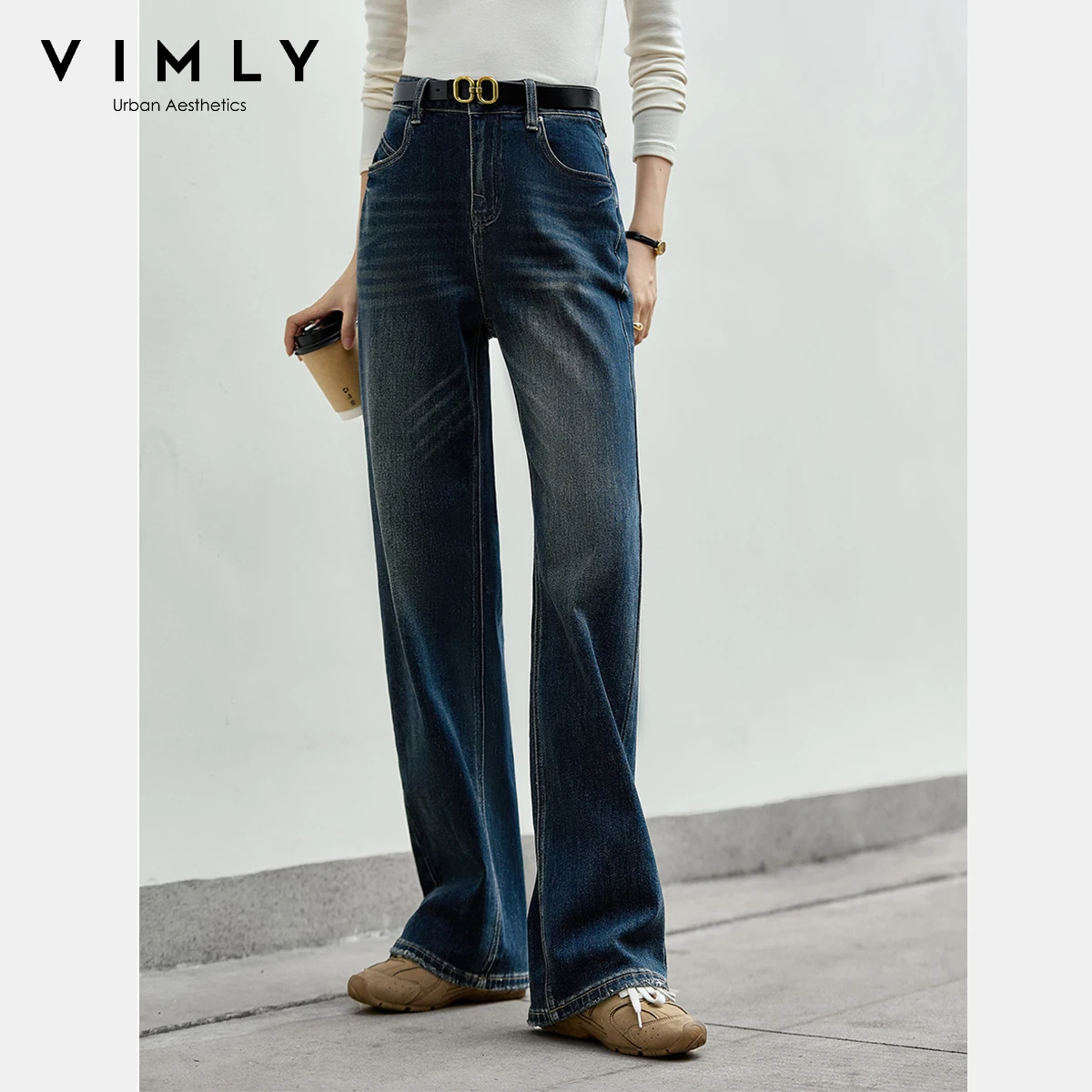 

Женские синие потертые прямые джинсы VIMLY, осень 202, винтажные женские джинсовые брюки на молнии, повседневные эластичные брюки с карманами 75181